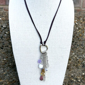 Swarovski Crystal Charms Tassel Leather Corded‎ Silver Tone Pendant Necklace 16"